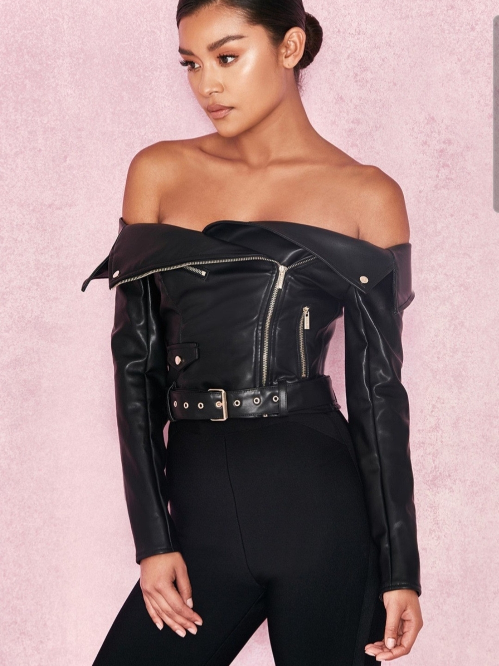 House Of CB Romera Black Off Shoulder Vegan Leather Jacket